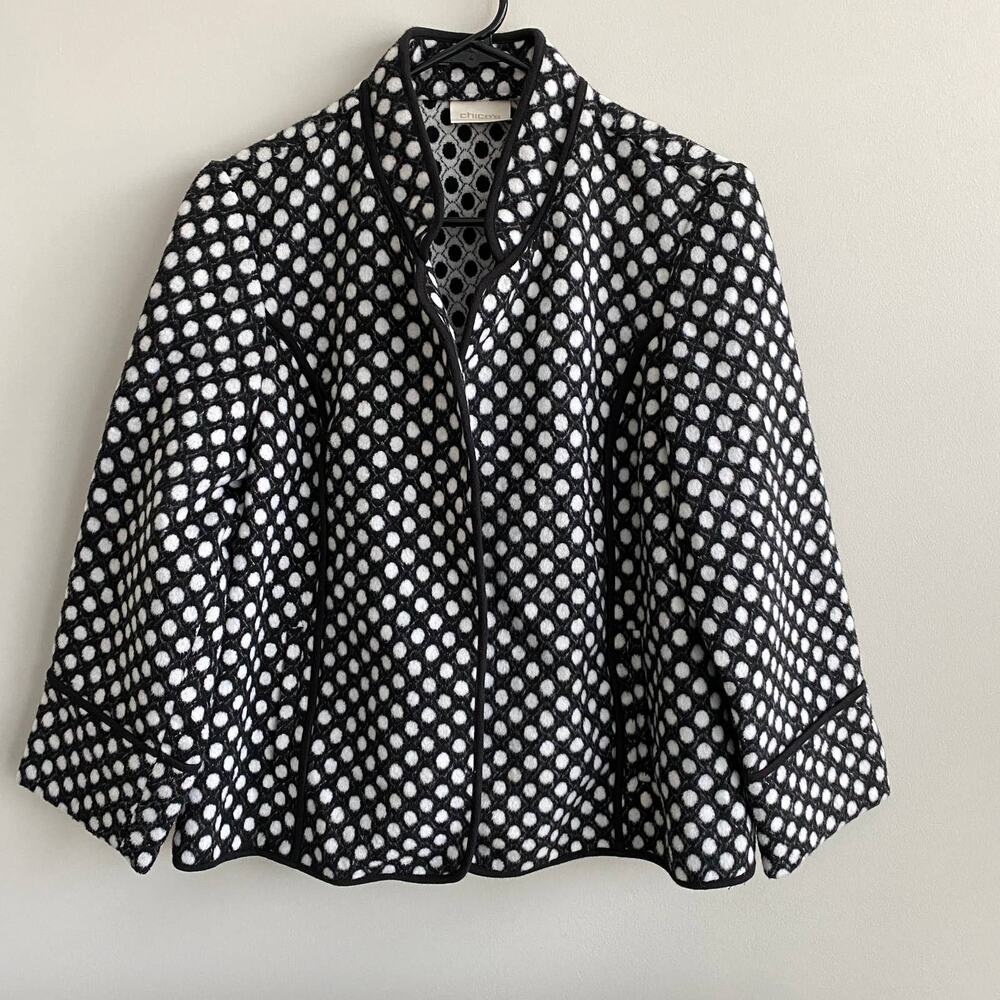 Chico's Black White Dot Fleece Blend Open Jacket Chico's 1
